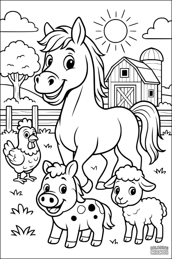 Coloring page featuring a happy horse, piglet, lamb, and chicken on a sunny farm with a barn in the background.
