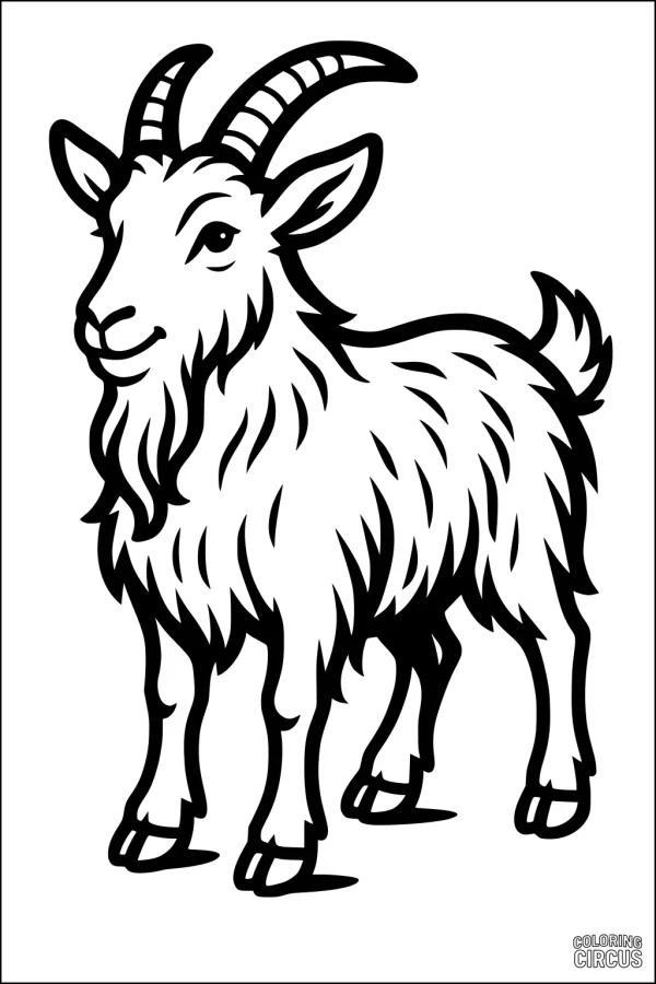 Coloring page of a cartoon goat with big horns and fluffy fur, standing and smiling