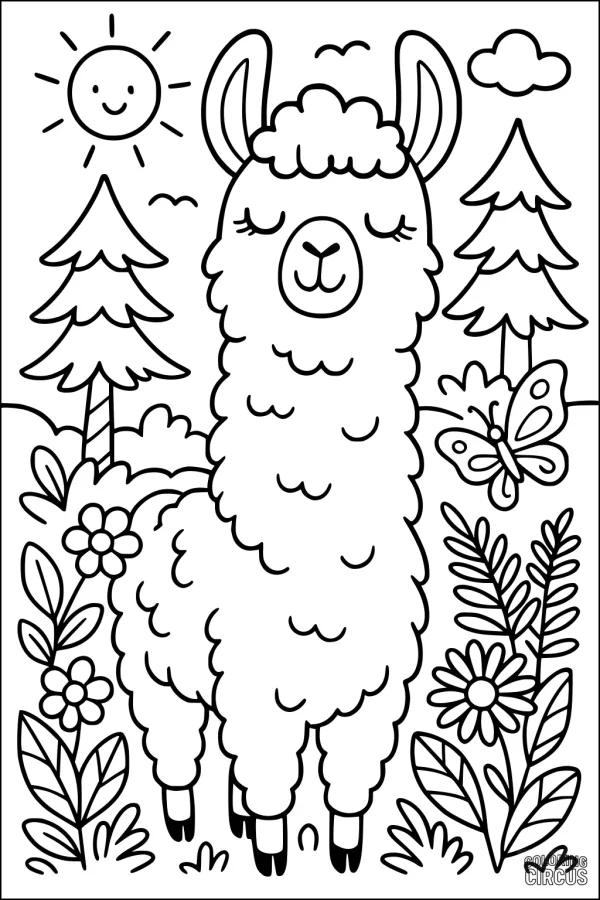 Coloring page of a cute llama standing in a meadow with flowers, trees, sun, and a butterfly.