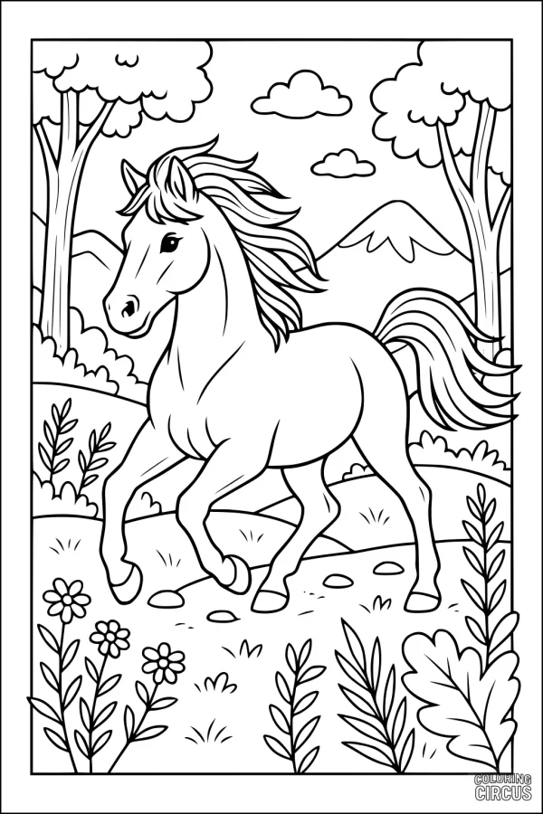 Coloring page of a joyful horse running in a meadow with flowers, trees, and mountains in the background.