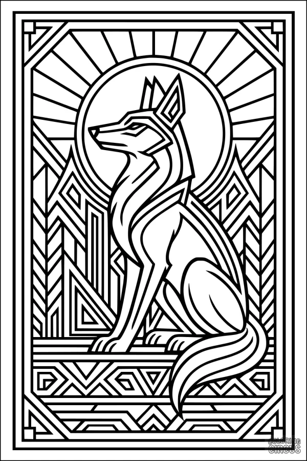 Coloring page featuring a geometric coyote with stylized mountains and sun background
