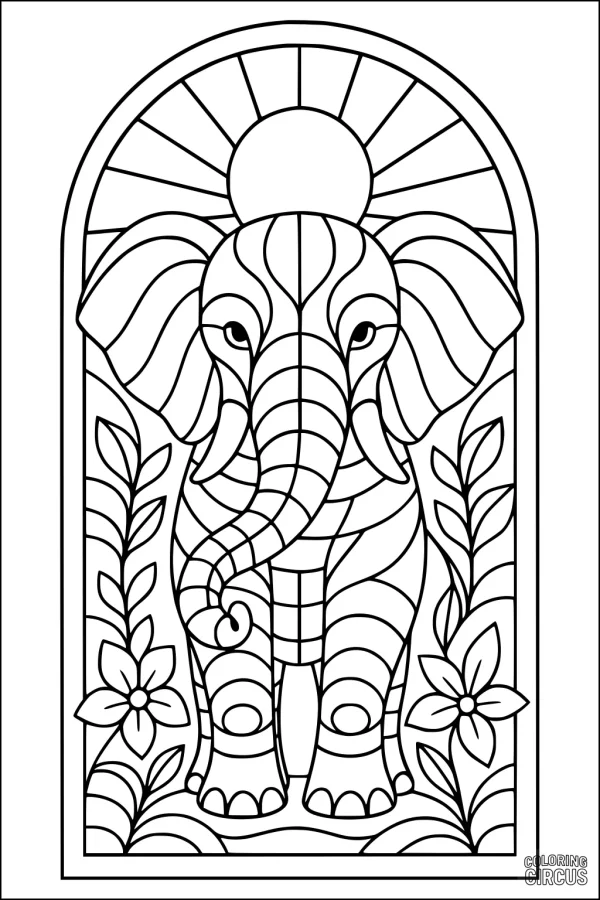 Coloring page with a geometric-style elephant, sun, and floral garden