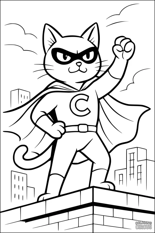 Coloring page showing a superhero cat on a city rooftop wearing a cape and mask