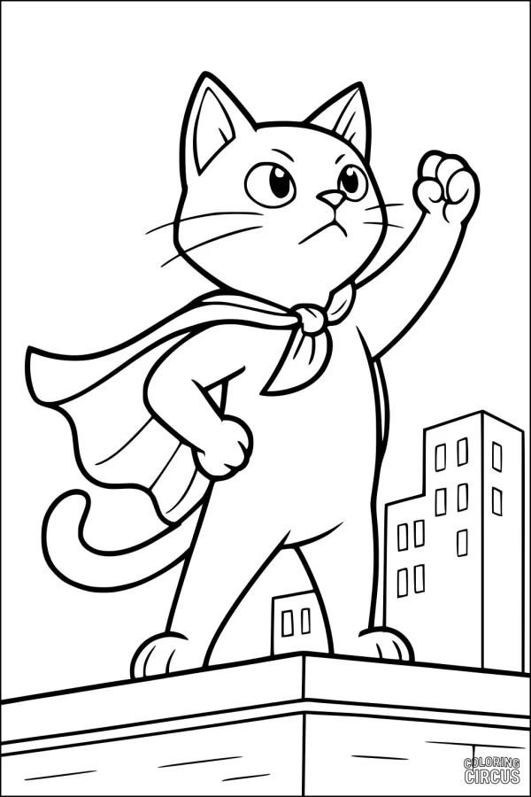 Coloring page of a superhero cat standing on a rooftop in the city