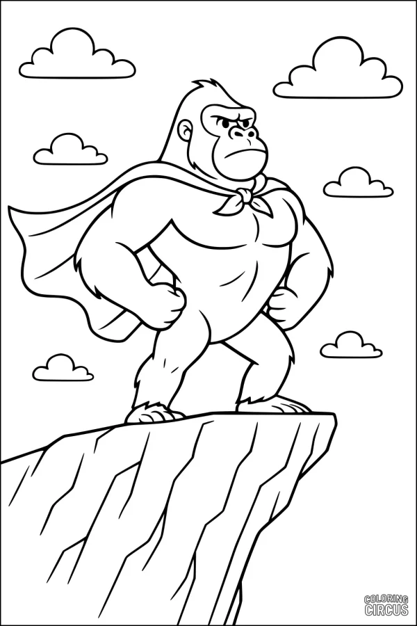 Coloring page of a cartoon gorilla in a cape standing heroically on a cliff with clouds in the sky.