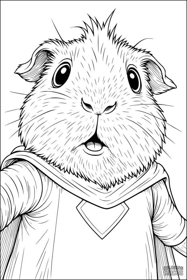Coloring page of a friendly guinea pig dressed as a superhero with a cape