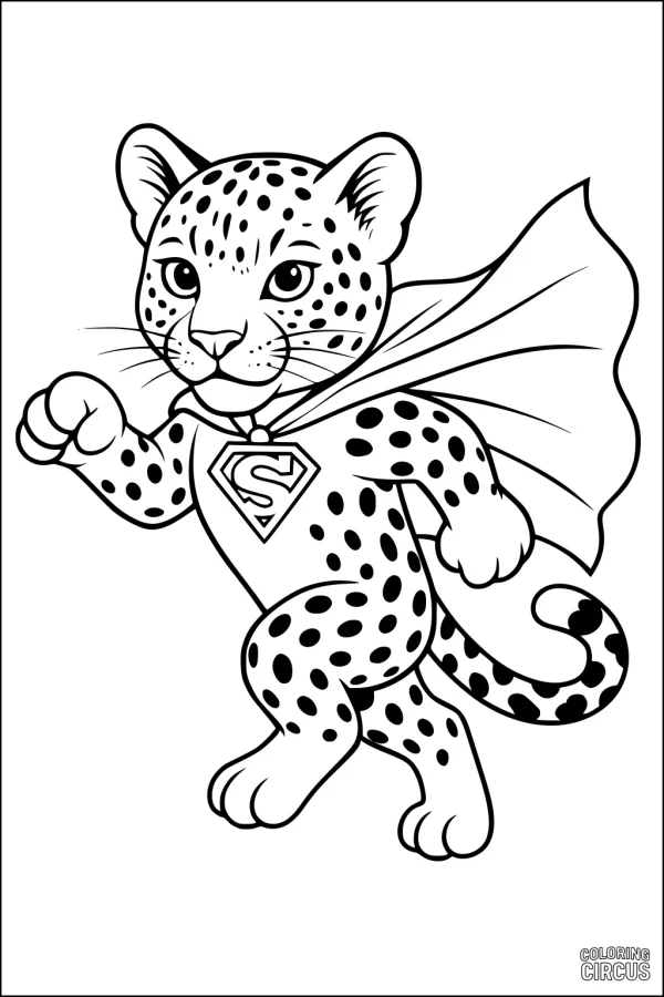 Coloring page of a cartoon superhero leopard wearing a cape and leaping forward