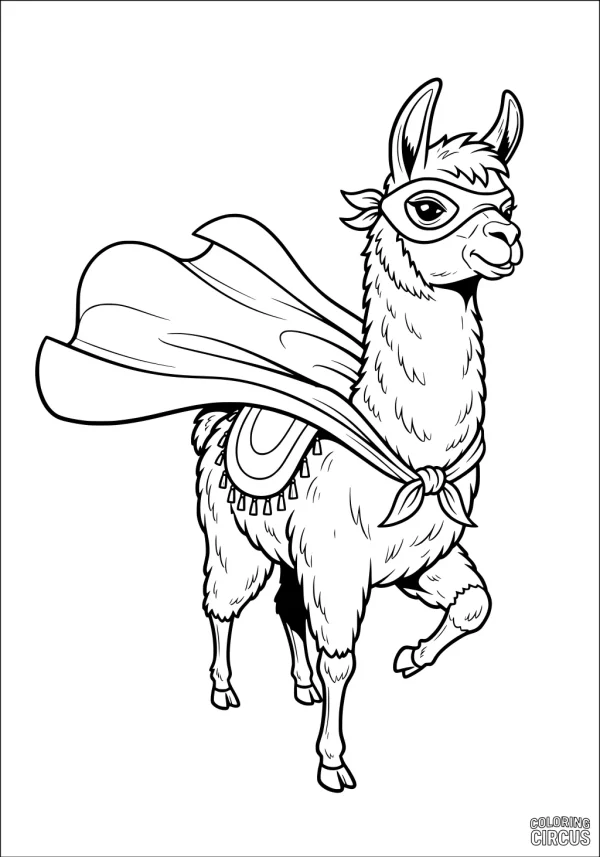 Coloring page featuring a superhero llama wearing a cape and mask