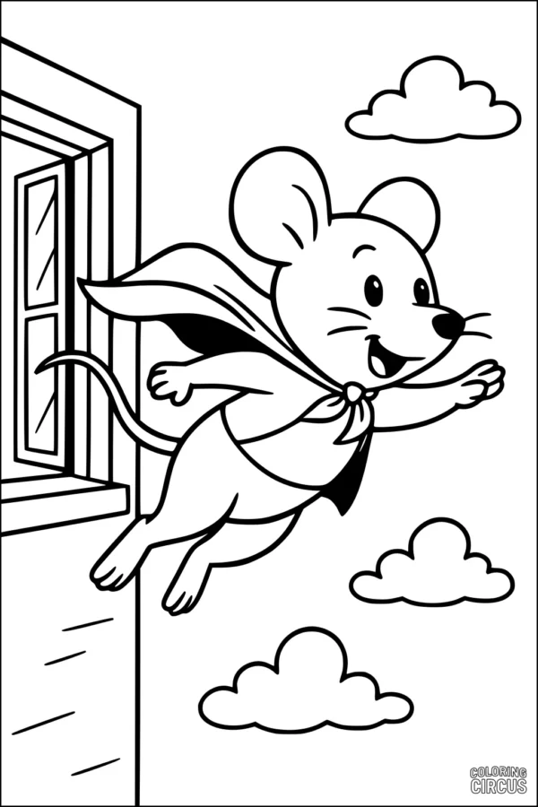 Coloring page featuring a cartoon mouse wearing a cape flying outside a window among clouds
