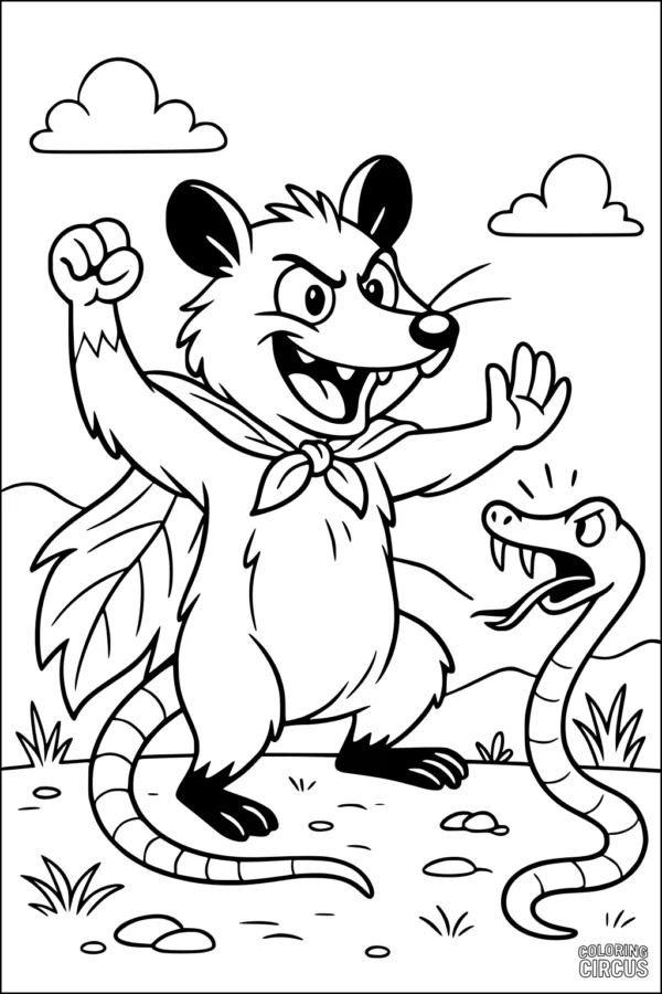 Coloring page of a cartoon opossum with cape facing a snake