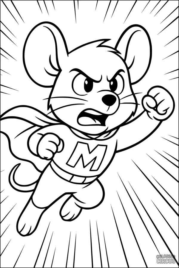 Coloring page of a superhero mouse flying with a cape and determined expression