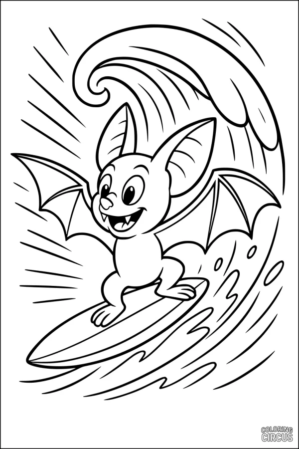 Coloring page of a cute cartoon bat surfing a big wave with a cheerful expression