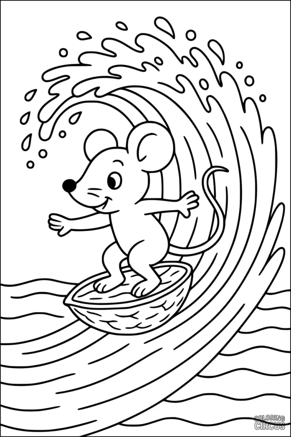 Coloring page featuring a cartoon mouse surfing on a walnut shell through a large wave