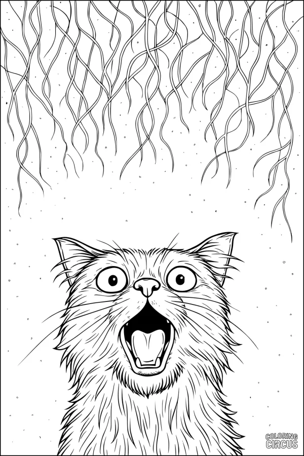 Coloring page with surprised domestic cat looking up at swirling curly vines above