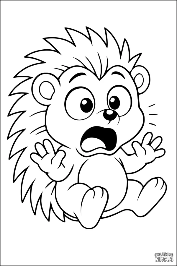Coloring page showing a wide-eyed, surprised cartoon hedgehog with raised paws