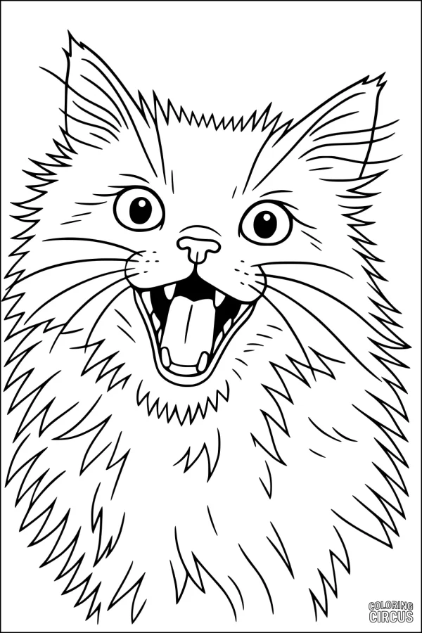 Coloring page of a long-haired domestic cat with open mouth and big eyes