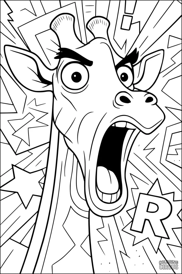 Coloring page of a surprised cartoon giraffe with open mouth and energetic burst shapes