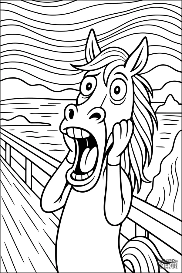 Coloring page featuring a wide-eyed horse on a wavy bridge inspired by 'The Scream', with dramatic swirling sky and landscape.