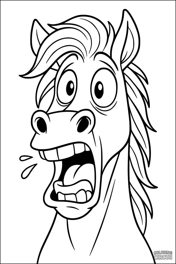 Coloring page featuring a cartoon horse with a surprised expression and open mouth