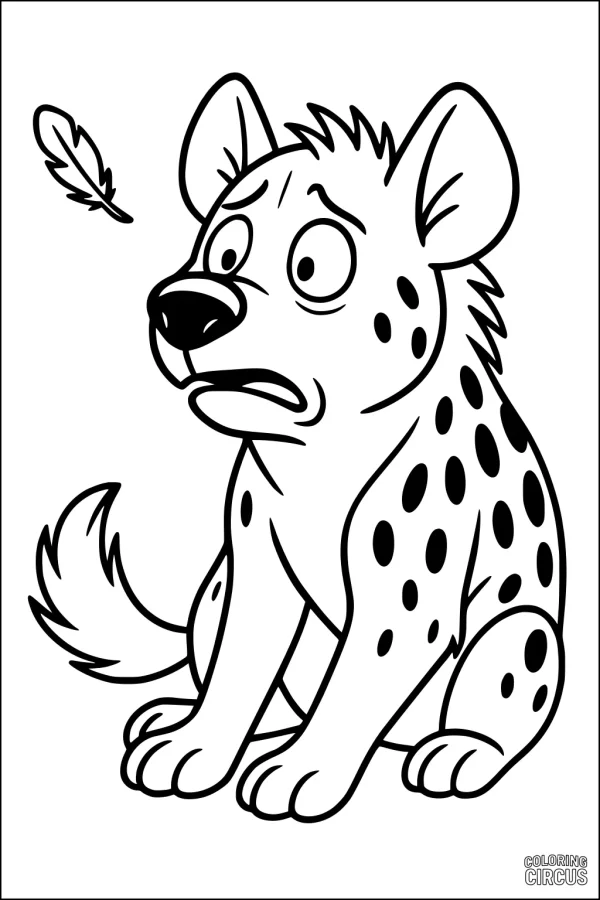 Coloring page of a cute, surprised hyena watching a floating feather