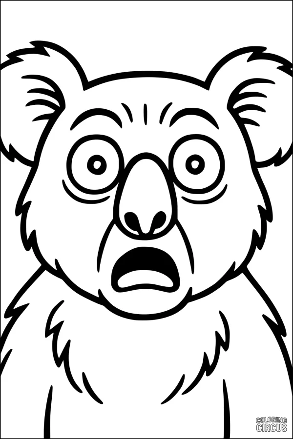 Coloring page featuring a surprised cartoon koala with big eyes and an open mouth