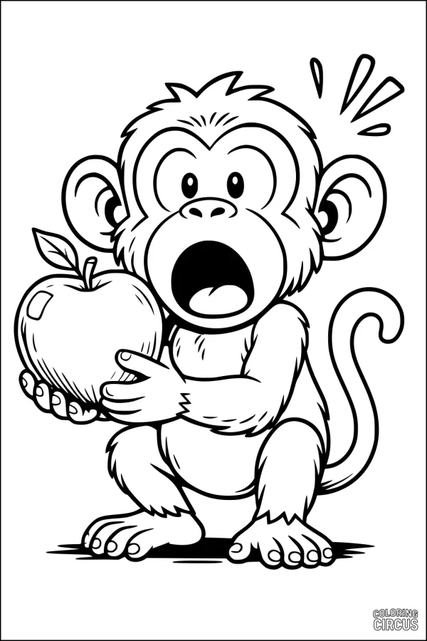 Coloring page showing a surprised cartoon monkey holding a large apple
