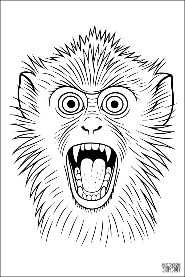 Coloring page detailed monkey face with wide eyes and open mouth