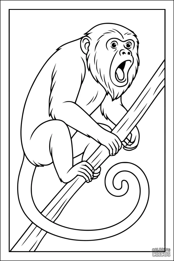 Coloring page of a wide-eyed monkey clinging to a tree branch with a curled tail, suitable for kids