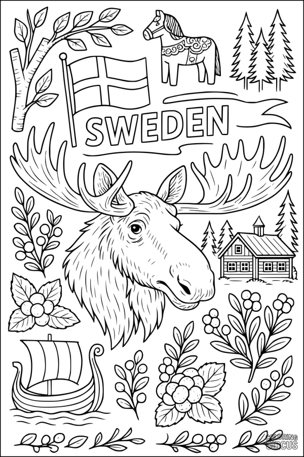 Coloring page with a moose, Swedish forest, berries, cabin, Dala horse, and Viking ship