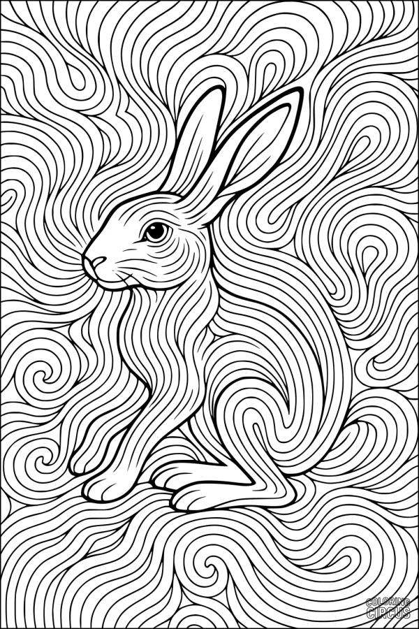 Coloring page with a hare surrounded by swirling, detailed lines and patterns