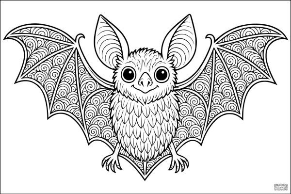 Coloring page featuring a cute bat with patterned wings and big eyes