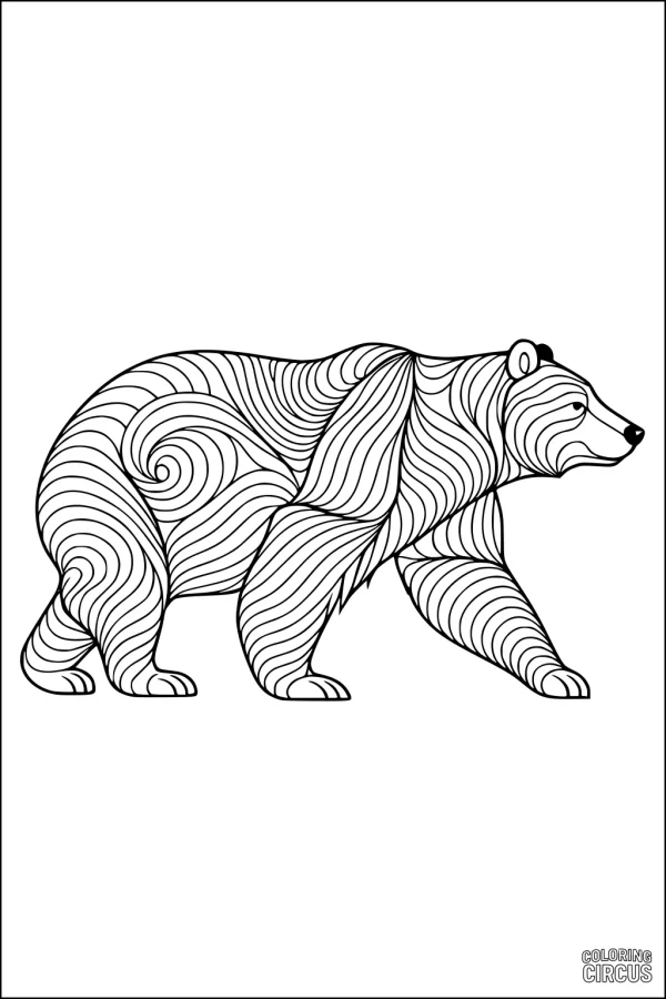 Coloring page featuring a bear with decorative swirling patterns on its body