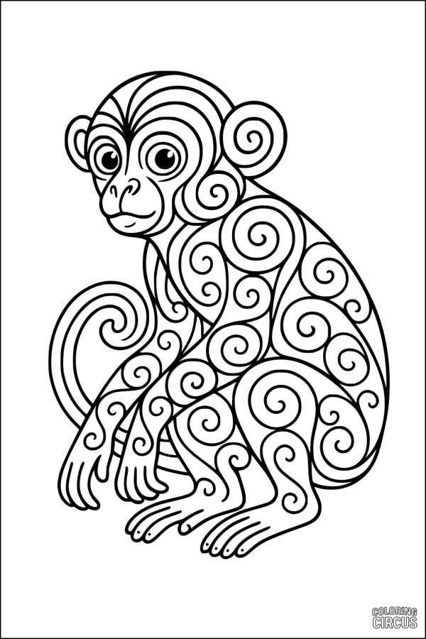 Coloring page with a monkey made of swirling decorative patterns, perfect for kids