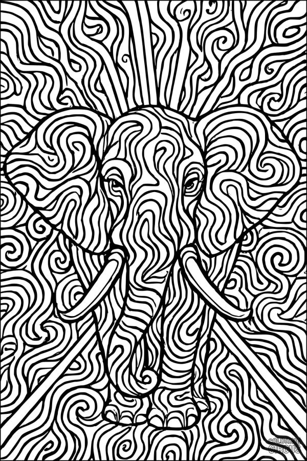 Coloring page featuring a detailed elephant with swirling abstract patterns