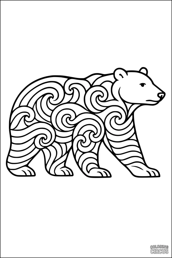 Coloring page of a bear with swirling abstract patterns on its body, suitable for children and families.