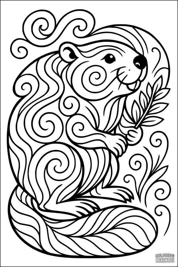 Coloring page of a beaver with swirling patterns and a leafy branch