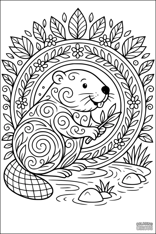 Coloring page featuring a whimsical beaver with swirly patterns, surrounded by leaves, flowers, and a small pond