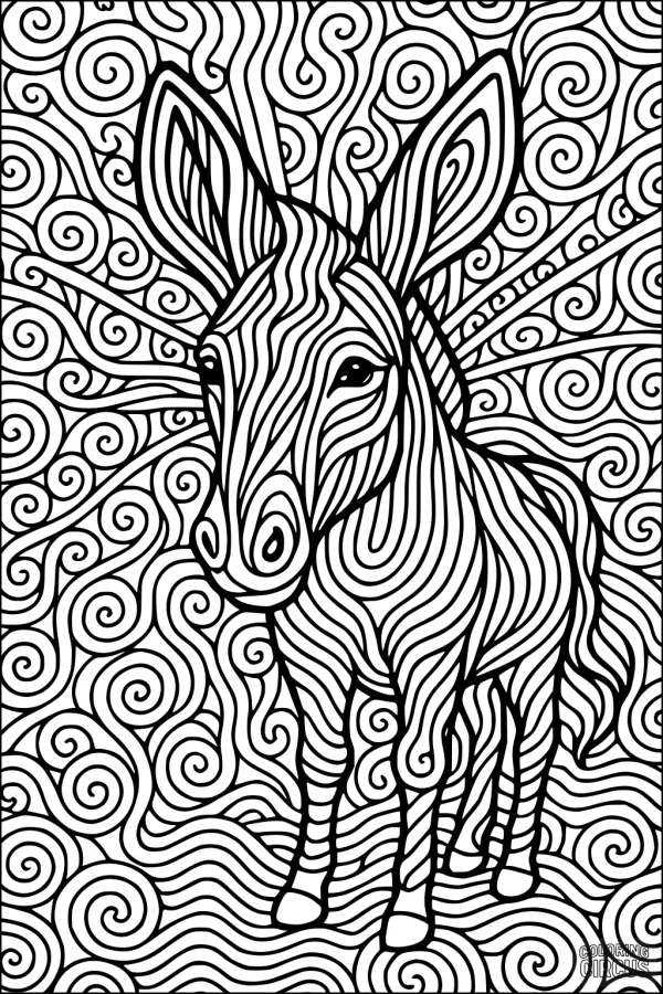 Coloring page featuring a detailed donkey with swirling, intricate background patterns