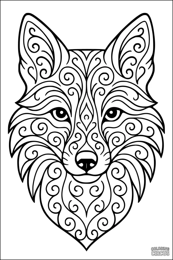 Coloring page with an intricate fox face decorated with swirling patterns