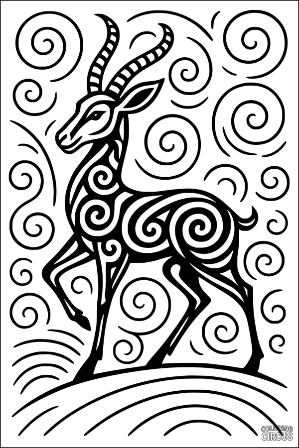 Coloring page featuring a stylized gazelle with spiral patterns and swirling wind on the savanna