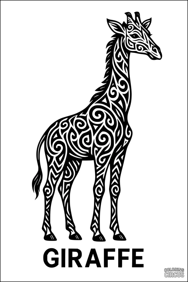 Coloring page featuring an ornate swirled giraffe design with intricate patterns