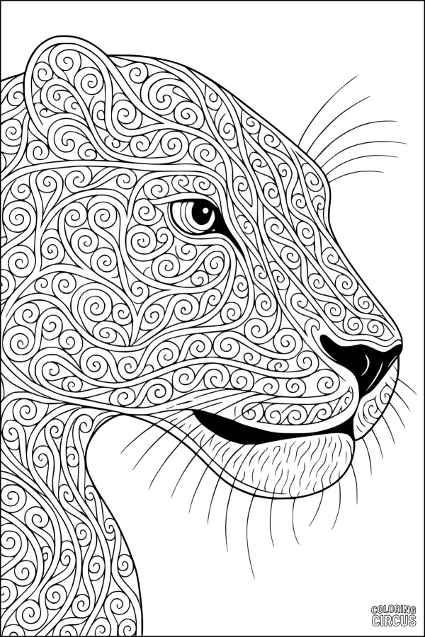 Coloring page of a jaguar’s face with intricate swirling patterns for advanced artistic coloring