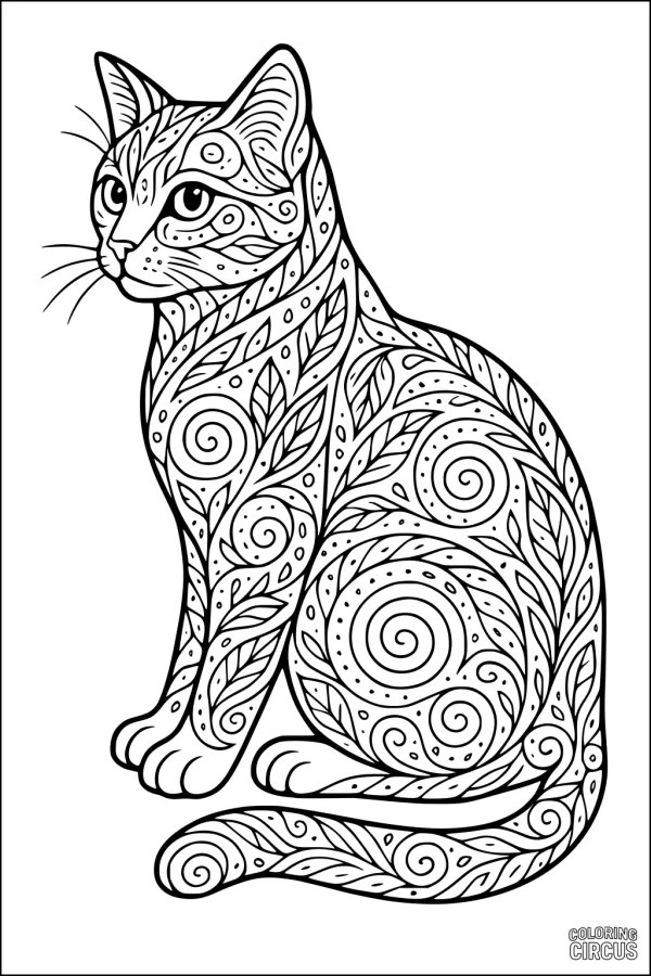 Coloring page featuring a seated cat with intricate swirling leaf patterns and detailed decorations