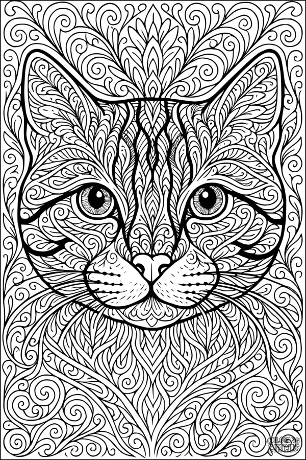 Coloring page featuring an intricate patterned cat face with swirling and leafy designs