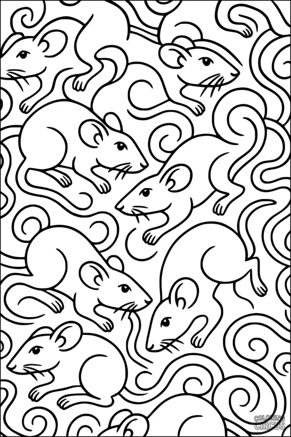 Coloring page featuring playful rats with curly tails in a repeating pattern