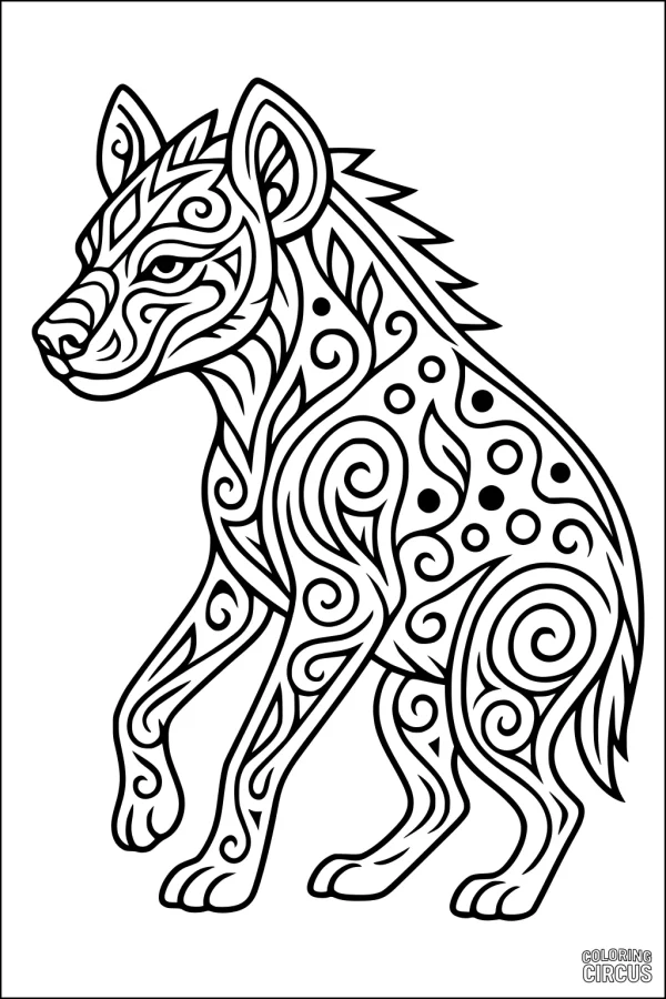 Coloring page featuring a stylized hyena with swirling patterns and decorative shapes