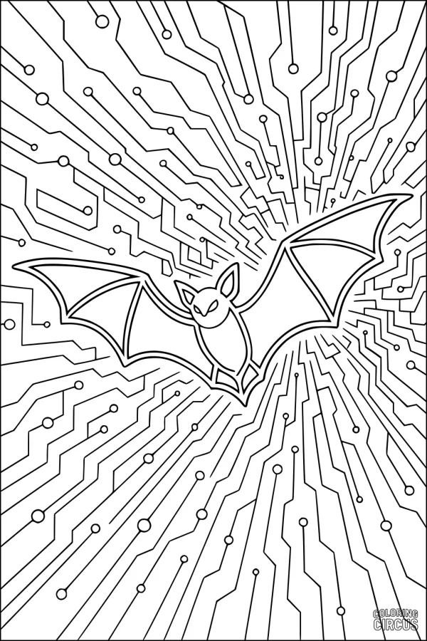 Coloring page of a bat flying in a futuristic sky with circuit board pattern background for kids.