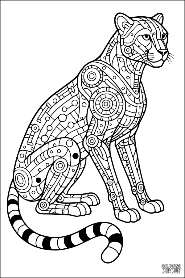 Coloring page robotic cheetah with intricate futuristic patterns