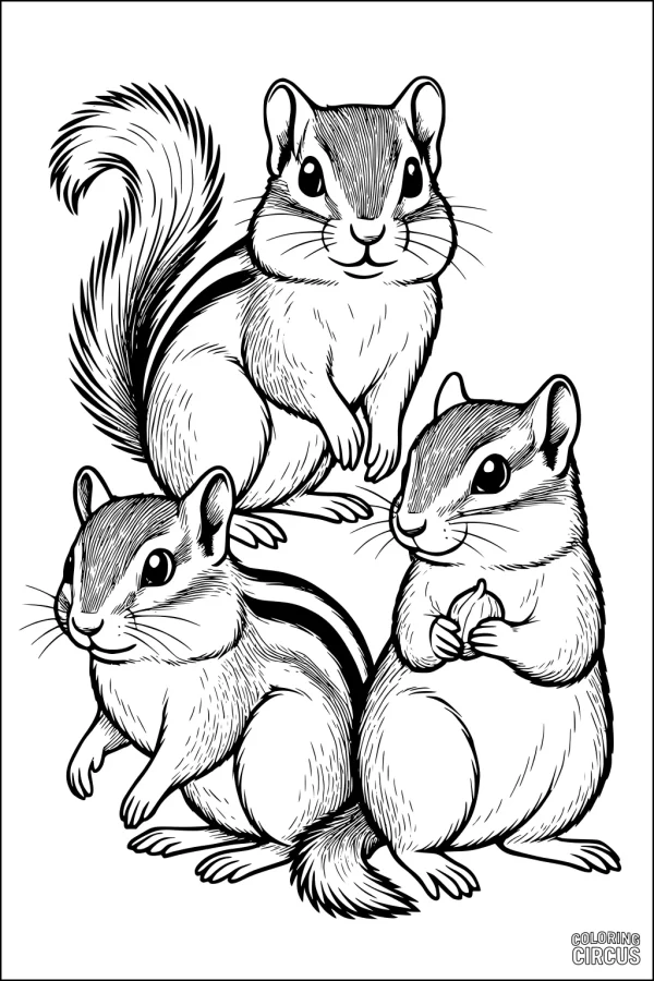 Coloring page featuring three playful chipmunks with fluffy tails