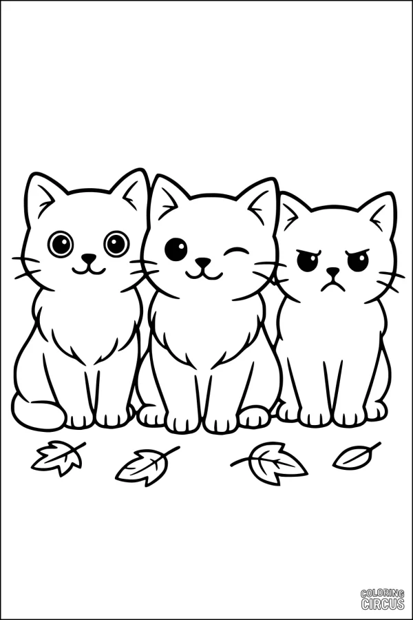 Coloring page featuring three cartoon kittens with different facial expressions and leaves on the ground